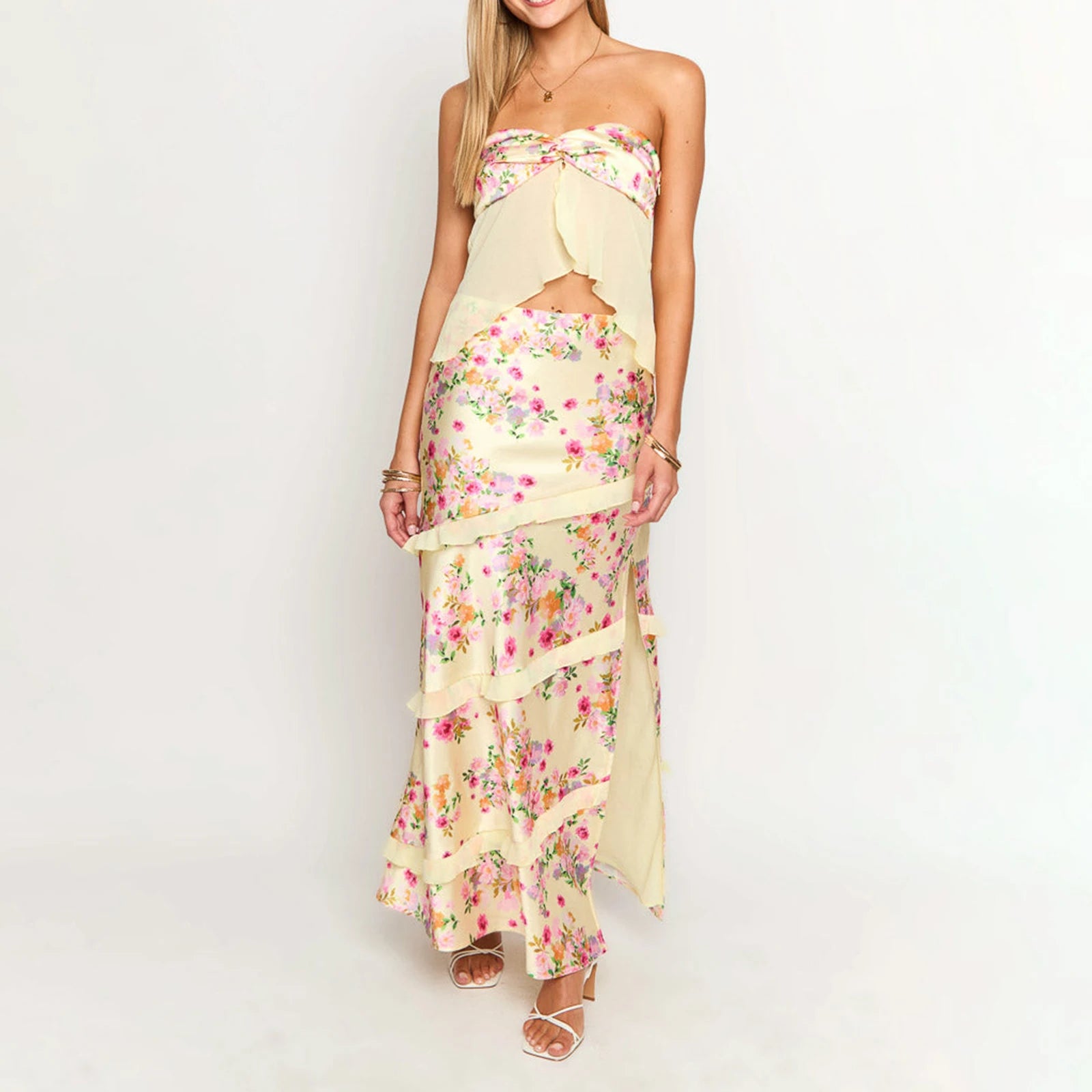 Off Shoulder Two Piece Tube Top And Layered Ruffle Maxi Skirt Set