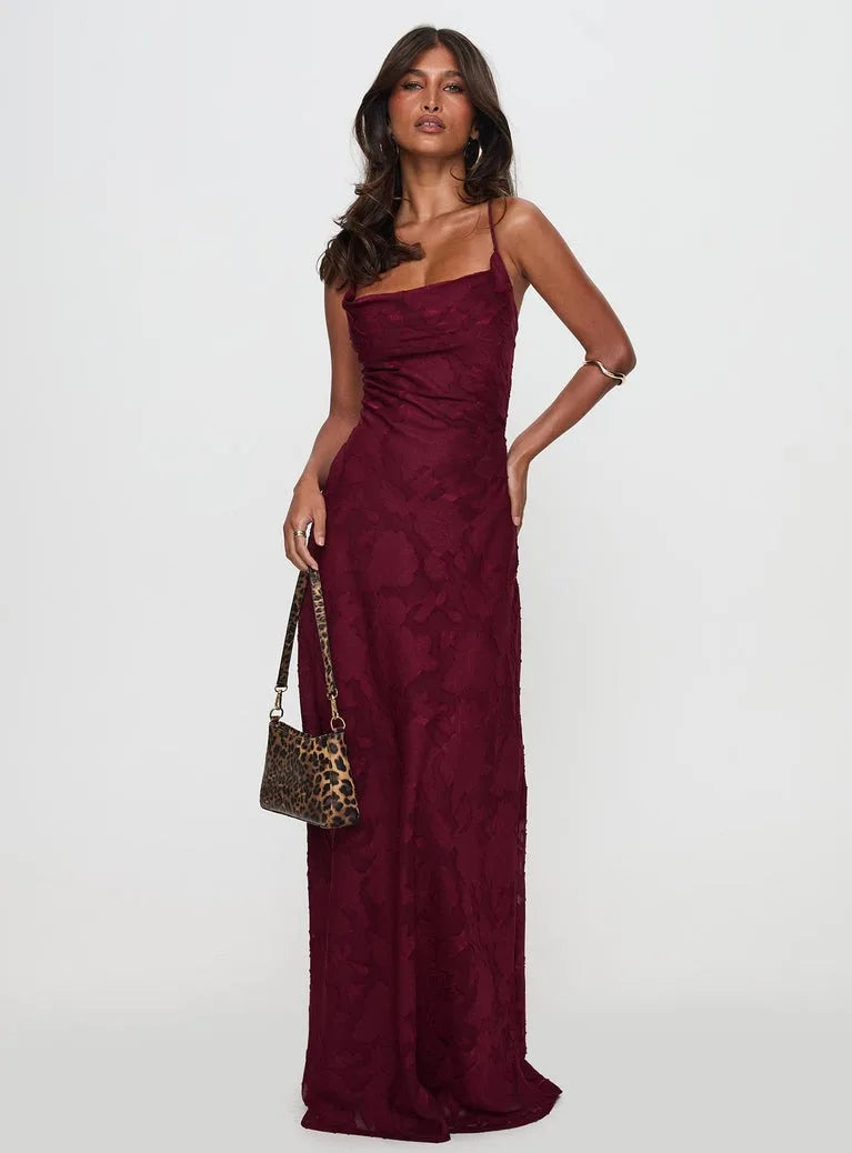Romantic Floral Jacquard Maxi Dress With Spaghetti Straps Ruched