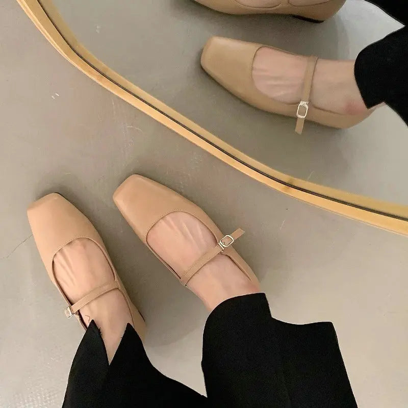 Mary Jane Flats With Square Toe Buckle Strap Retro Styled Women's Shoes