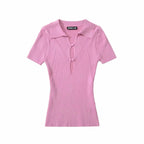 Knit Turn Down Collar Pullover For Women Slim Stretch Short Sleeve Top