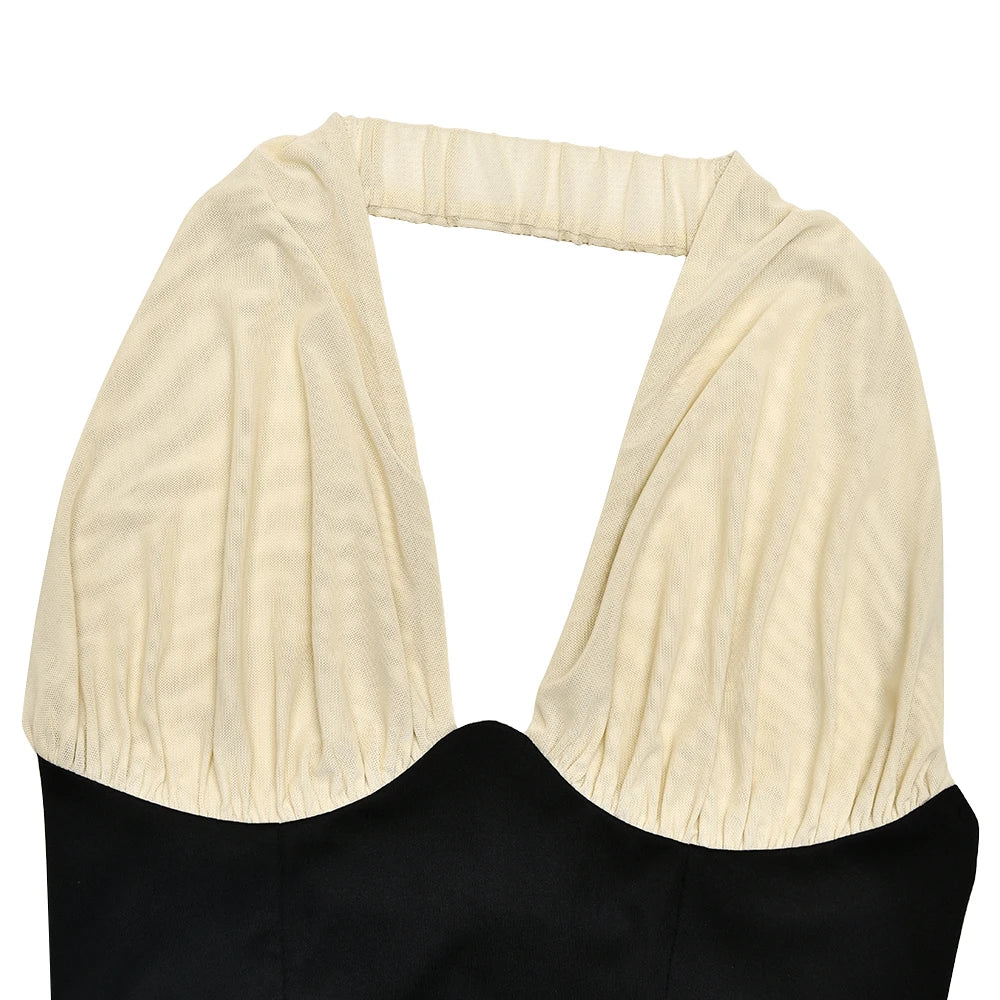 Halter Backless Patchwork Crop Top Sleeveless Cinched Waist