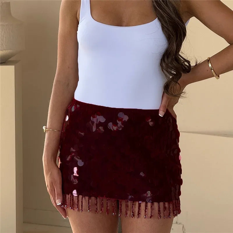 Gleaming Tassel Sequin Mini Skirt For Party Nights Bodycon A Line Glitter Short Dressy Style