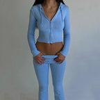 Ribbed Knit Two Piece Tracksuit Set With Hooded Crop Top And Elastic Zippered Pants