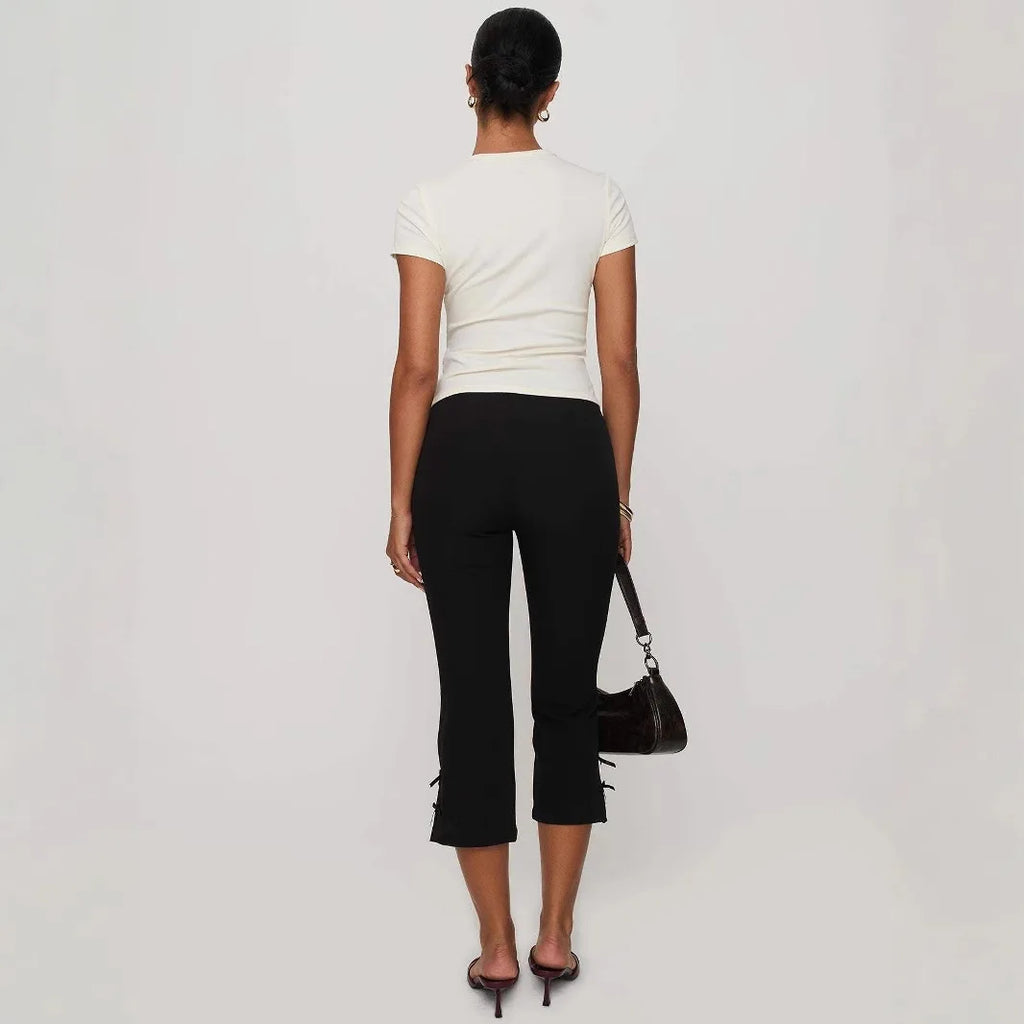Women's Y2K Cute Capri Pants Solid Color Satin Bow Decor Side Split Summer Slim CroppedTrousers Stretch Crop Leggings