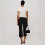 Women's Y2K Cute Capri Pants Solid Color Satin Bow Decor Side Split Summer Slim CroppedTrousers Stretch Crop Leggings
