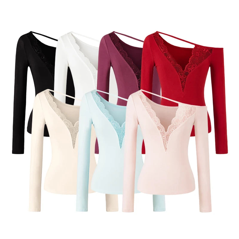 Lace Splice Long Sleeve Vneck Top For Night Out Chic