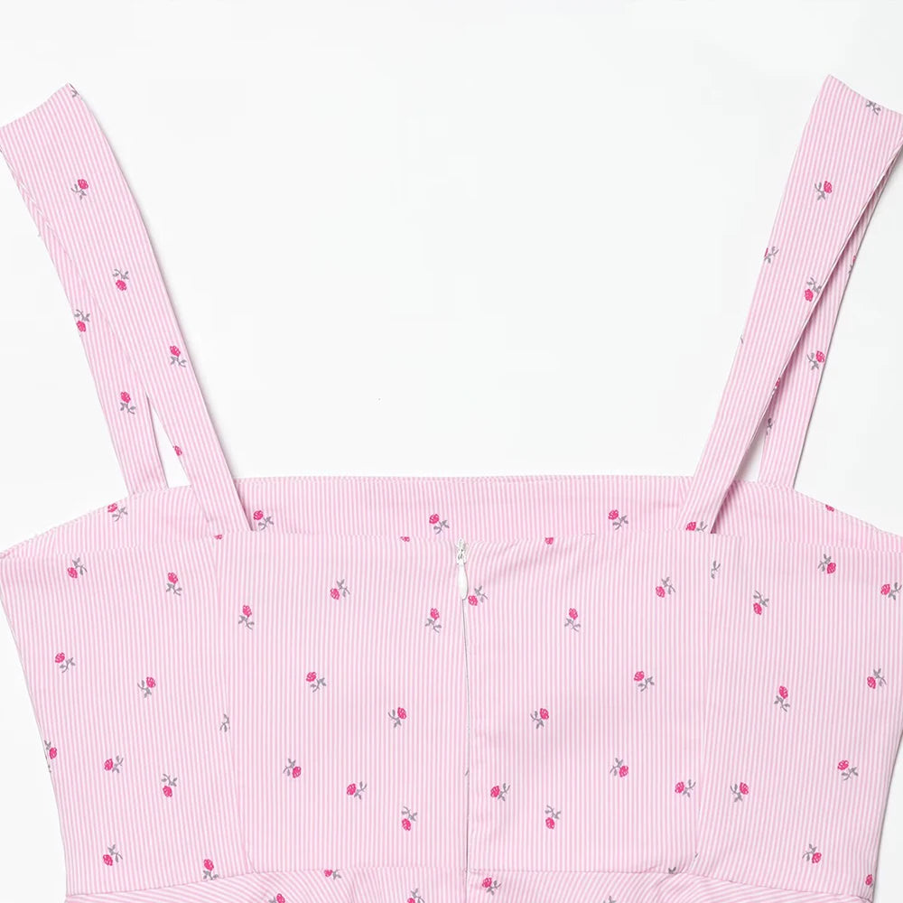 Pink Printed Pleated Backless Zipper Tops Vintage Straps Square Collar Camis Top