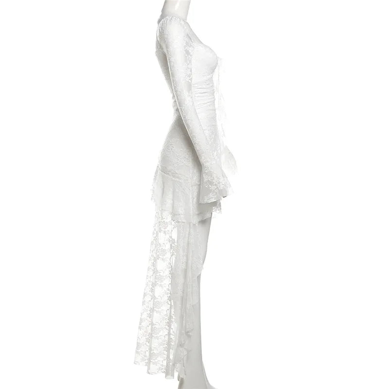 Gothic Fairycore Lace A Line Dress With Flare Sleeves And Square Neck