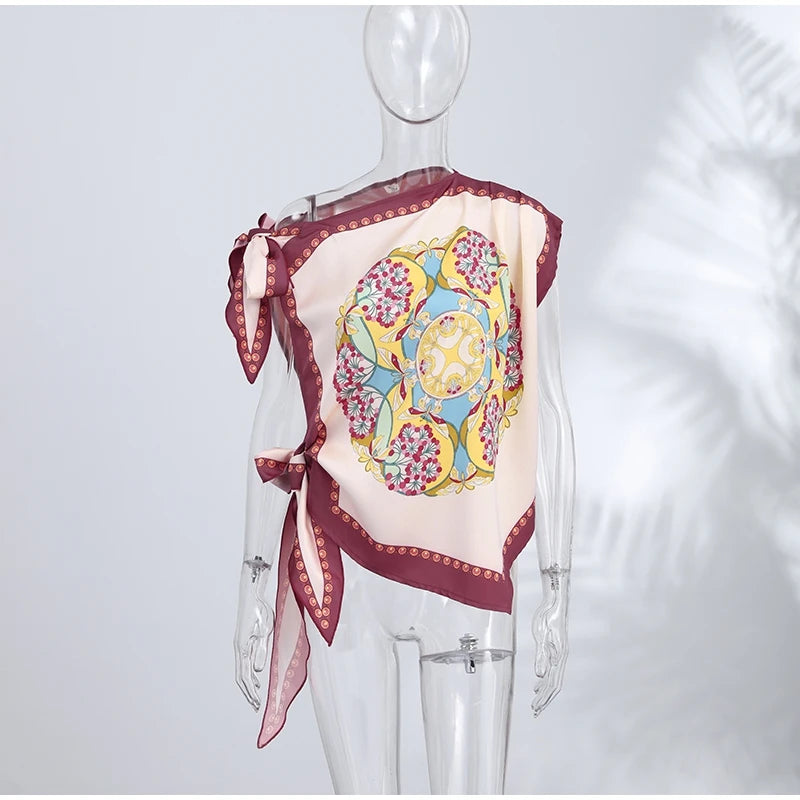 Boho Floral One Shoulder Camisole Tank Top With Asymmetrical Hem