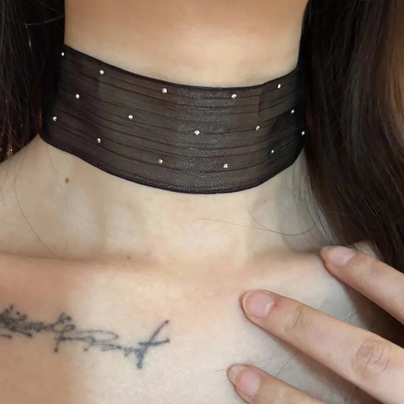 Midnight Mesh Choker Necklace With Crystal Accents For Elegant Night Out Mood And Subtle Glam
