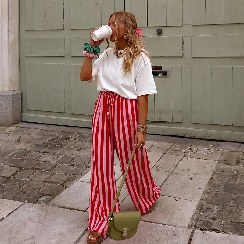Relaxed Striped Pants For Women With Elastic Waist And Lace Up Detail Wide Leg Straight Trousers