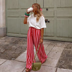 Relaxed Striped Pants For Women With Elastic Waist And Lace Up Detail Wide Leg Straight Trousers