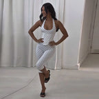White With Black Dots Halter Top And Vest Capri Pants Set Two Piece