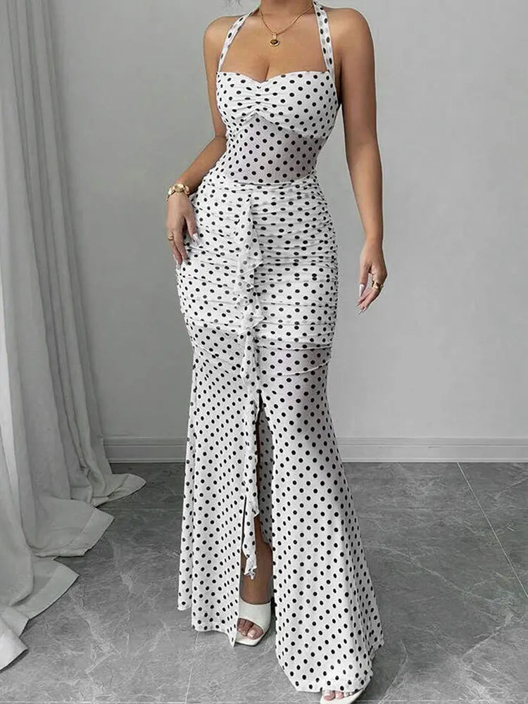 White Polka Dot Chiffon Backless Strapless Dress With Empire Waist