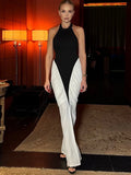 Nibber Backless Patchwork Halter Maxi Dress With Slit