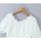 Sunlit Vintage Puff Sleeve V Neck White Chiffon Crop Top Blouse