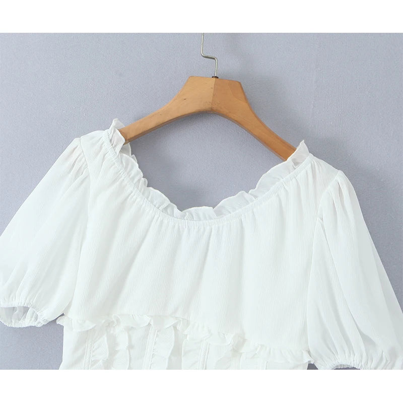 Sunlit Vintage Puff Sleeve V Neck White Chiffon Crop Top Blouse