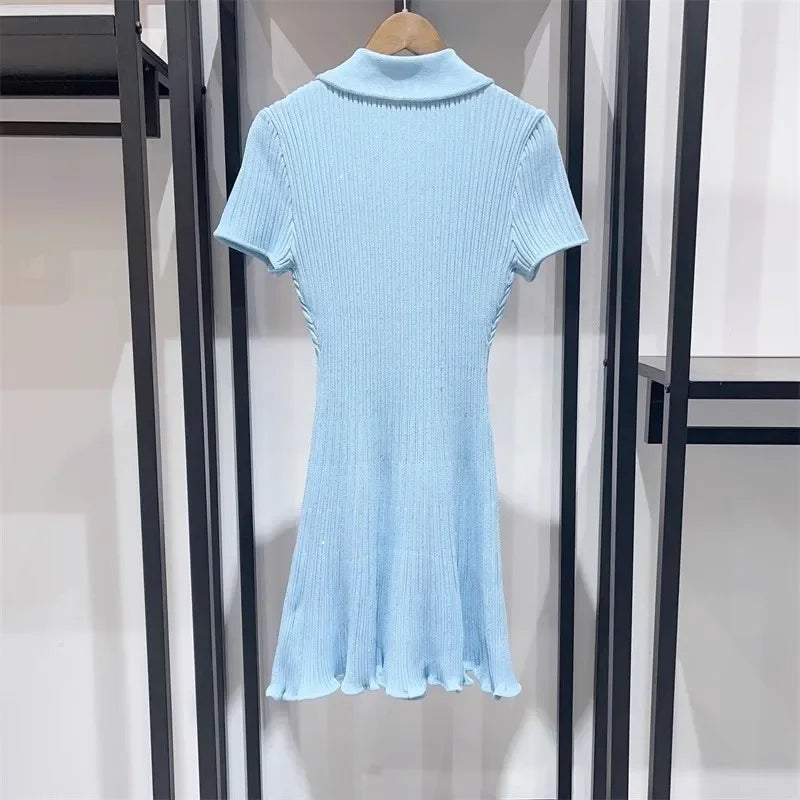 Polo Neck Knit Dress With Elastic Slim Fit And Multi Pocket Wrapped Hip Skirt