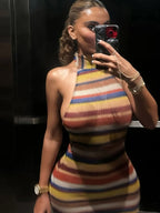 Stripe Patchwork Bodycon Mini Dress Halter Backless Off Shoulder