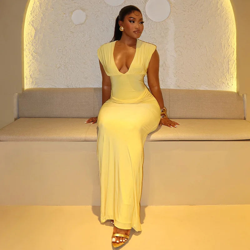 Sleeveless Ruched V Neck Bodycon Maxi Dress