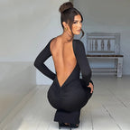 Elegant Backless Long Sleeve Maxi Dress With Bodycon Fit