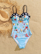 Playful Print Underwire One Piece Swimsuit With Skirt For Beach Summer Fun