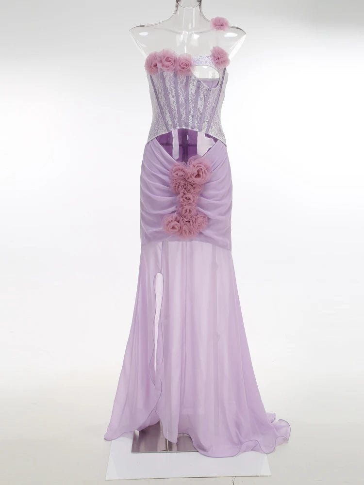 One Shoulder Floral Hollow Out Purple Maxi Dress