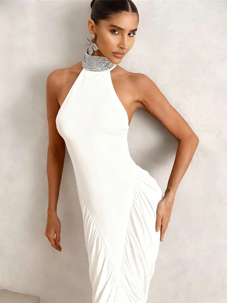 Elegant Backless Halter Ruched Long Dress With Striped Detailing