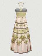 Elegant Printed Halter Neck Maxi Dress Loose Fit