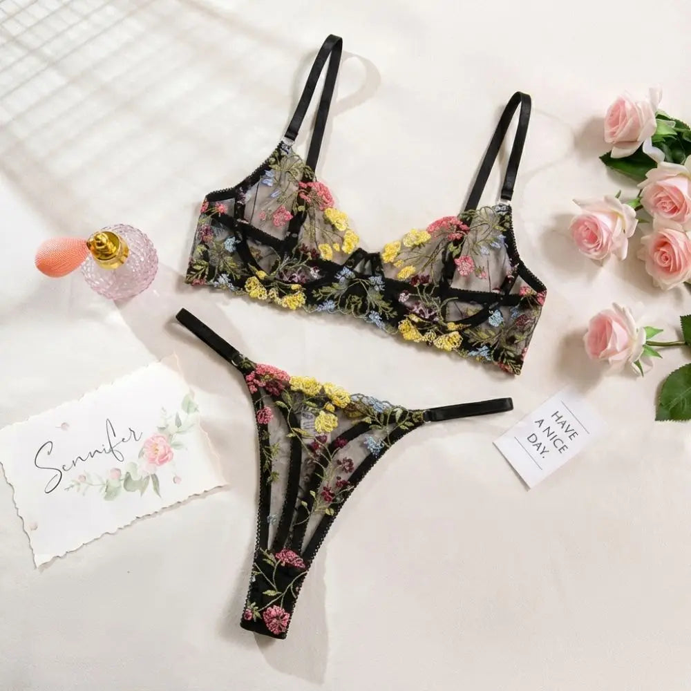 Floral Sheer Embroidery Lingerie Set With Underwire Push Up Bra And Panty Two Piece