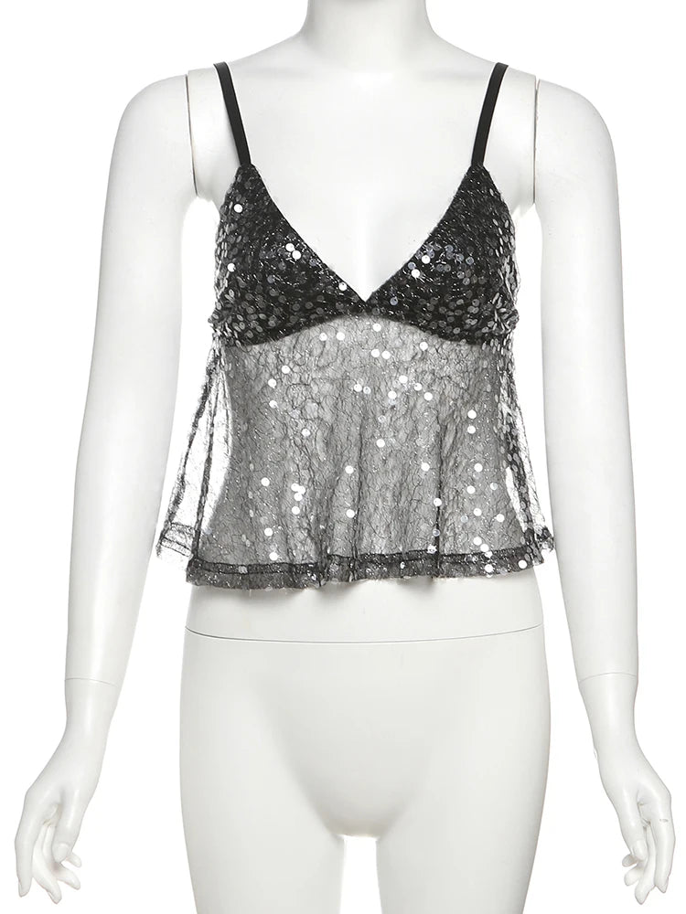 Sequined Patchwork Mesh Camisole With V-Neck Backless