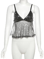 Sequined Patchwork Mesh Camisole With V-Neck Backless