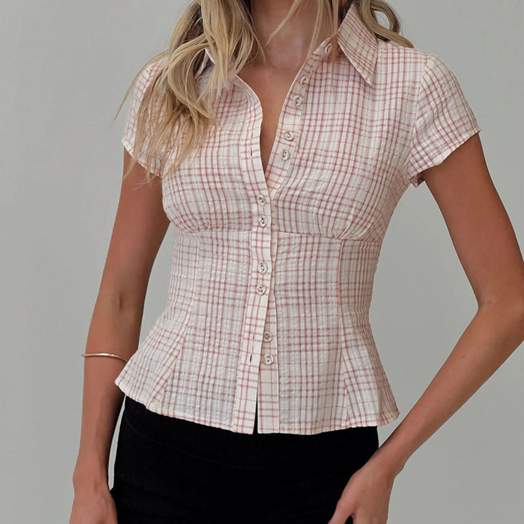 Vintage Plaid Button Down Shirt For Women Short Sleeve Blouse