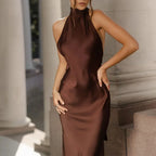 Satin Halter Backless Maxi Dress With Ribbon Tie Sleeveless Evening Gown