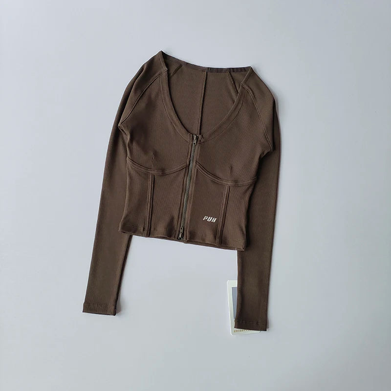 Flow Zip Front Top for Women with V Neck Long Sleeve