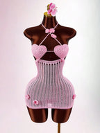 Pink Knitted Set With Sheer Heart Cup Top And Mini Skirt