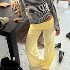 Soft Wide Leg Trousers With Fold Over Waist Solid Color Casual Bottoms