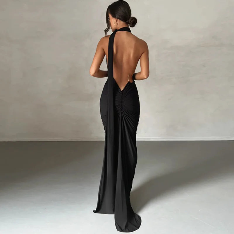 One Shoulder Backless Ruched Slim Long Dress