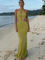 Elegant Halter Hollow Dress With Beaded Backless Mesh Patchwork
