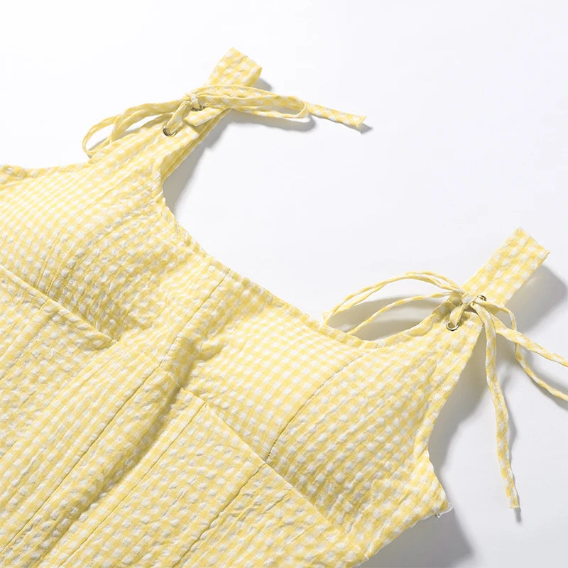 Sunny Plaid Sling Top With Ruffles V Neck Sleeveless