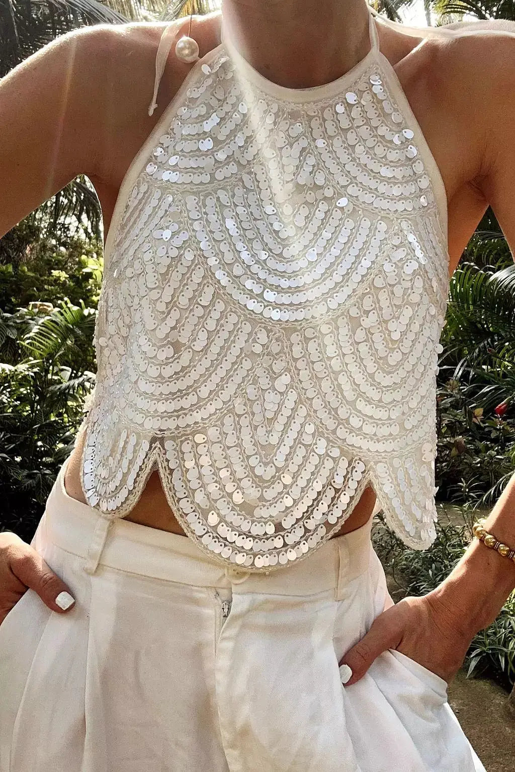Backless Halter Sequin Crop Top Sparkly Sleeveless Glitter Camisole