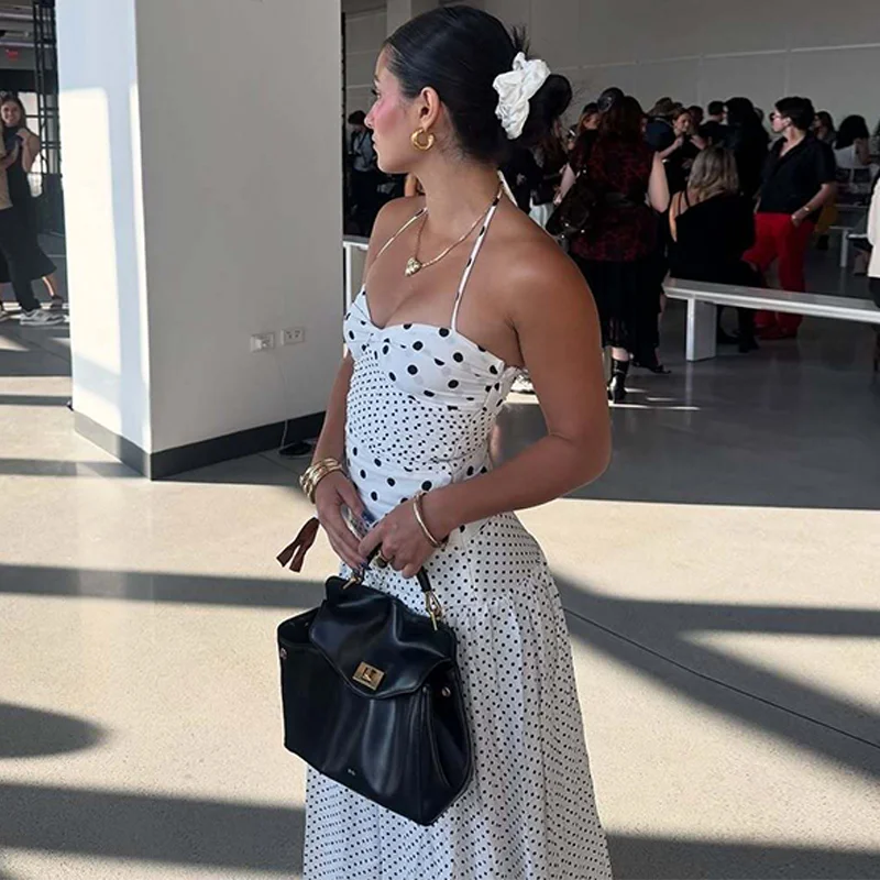 Backless Lace Up Polka Dot Maxi Dress