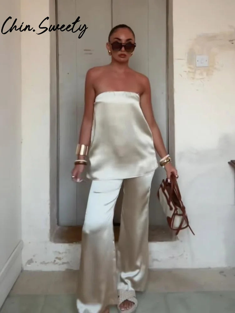 Chic Two Piece Set With Backless Tube Top And Wide Leg Pants