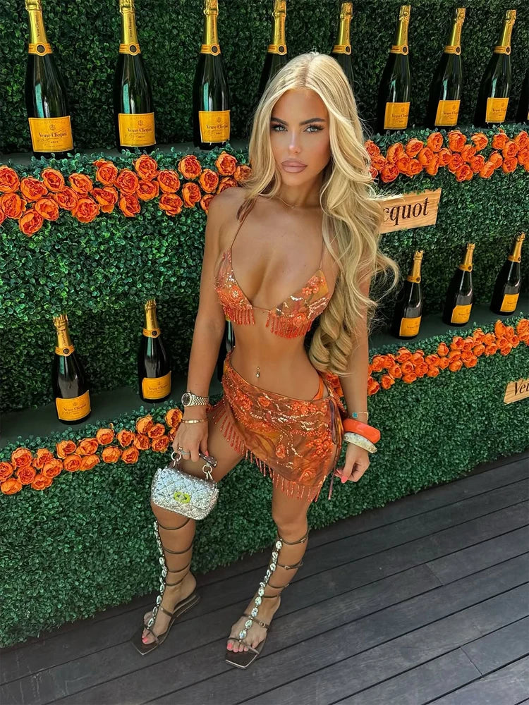 Boho Fringe Bikini Set With Lace Up Halter Top Beachwear