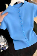 Oceanic Blue Lightweight Knit Cardigan For Women With Breezy Short Sleeves And Loose Fit Layering