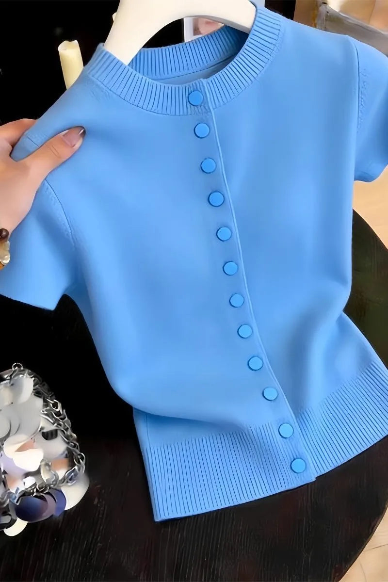 Oceanic Blue Lightweight Knit Cardigan For Women With Breezy Short Sleeves And Loose Fit Layering