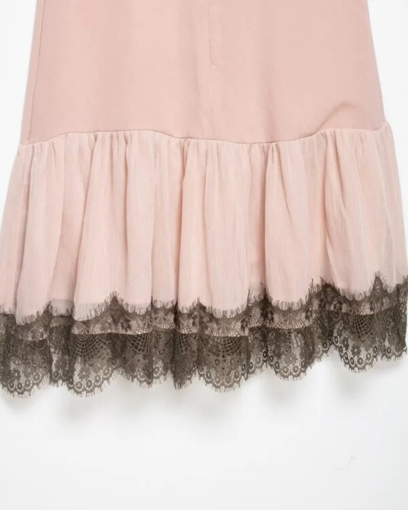 Pink Lace Trim Spaghetti Strap Mini Dress With V Neck Flirty Slip On