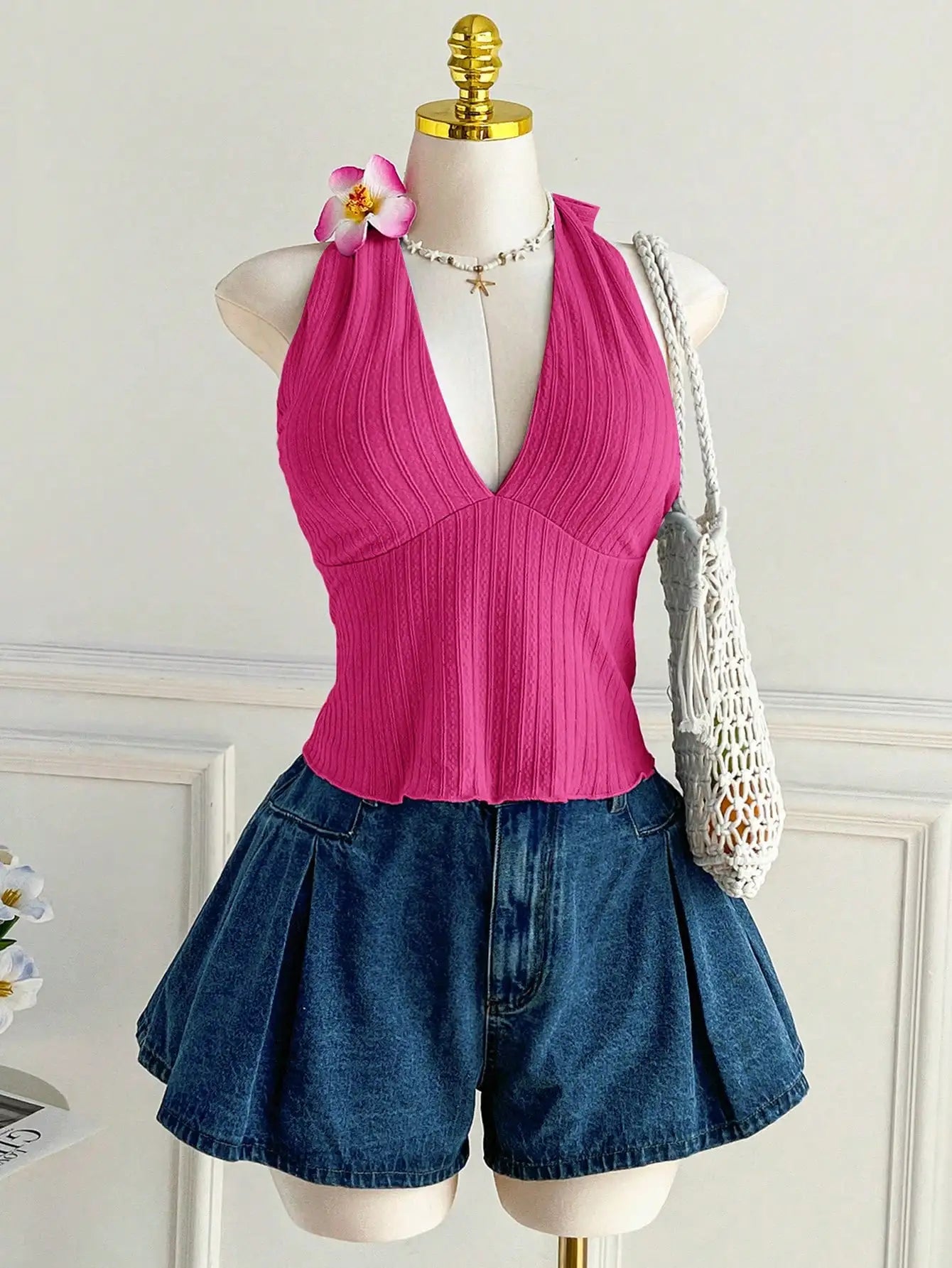 Plus Size Ribbed Halter Cami Top With V Neck And Back Tie Bow