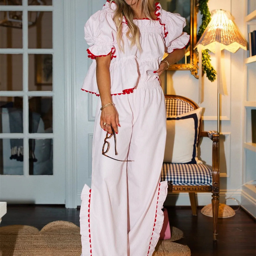 Cute Gingham Pajama Set Puff Short Sleeve Ruffle Hem Plaid Babydoll Top Side Split Wide Leg Pants Two Piece