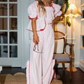 Cute Gingham Pajama Set Puff Short Sleeve Ruffle Hem Plaid Babydoll Top Side Split Wide Leg Pants Two Piece